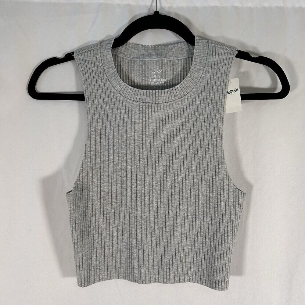 New Aerie Tank Top Women's Medium Grey Ribbed Sleeveless Crew Neck Cropped